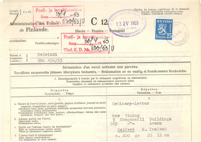 1952 25mk sininen tiedustelu Englantiin