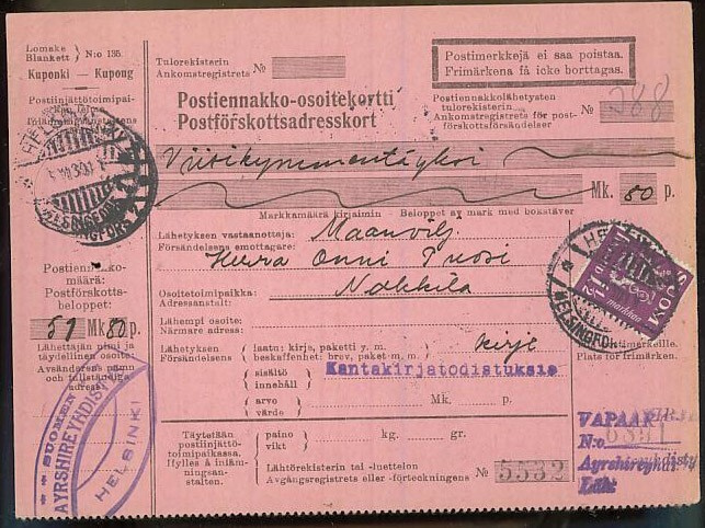 M30 1930 1,5 mk vapaakirjeen postiennakkomasu - 30