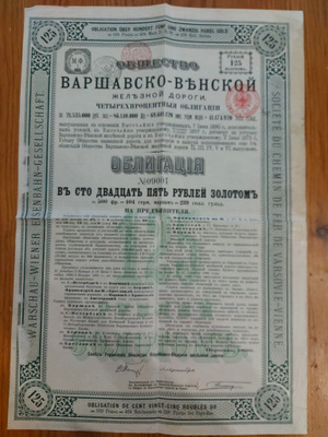 Varsova-Wien rautatie osakekirja v. 1890