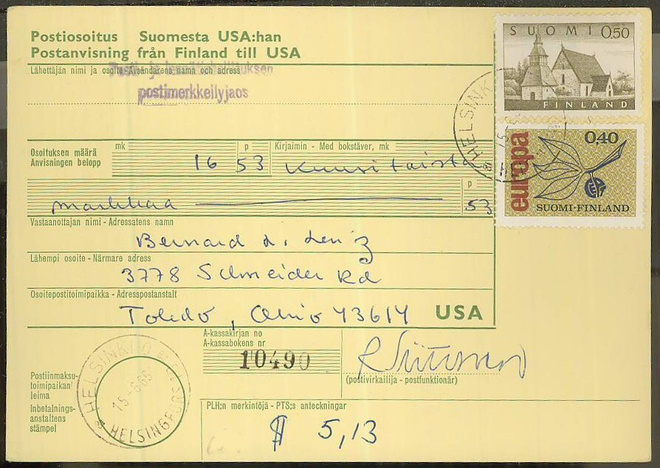 1966 postiosoitus Suomesta USAhan