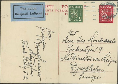 M30 1949 CP ehiö lisämerkein lentokortti Ruotsiin - taite