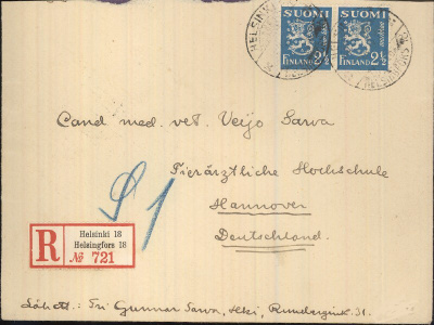M301932 2,5mk sininen leijona pari R-kirje Saksaan