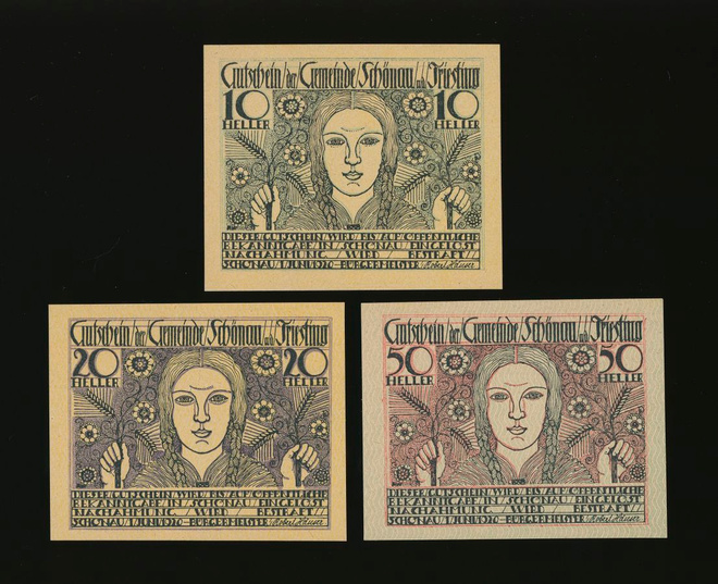 Itävalta Notgeld 10, 20, 50 Heller, Schönau 1920