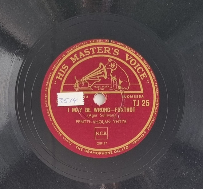 Savikiekko 1953 Pentti Aholan yhtye His Master's Voice TJ 25