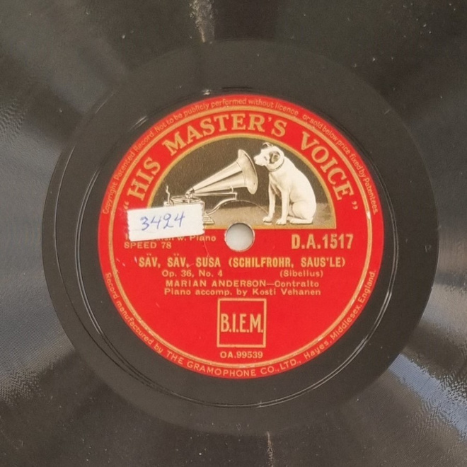 Savikiekko 1936 Marian Anderson  Kosti Vehanen HMV D.A.1517
