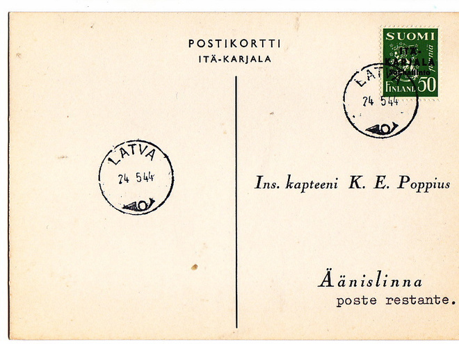 Postikortti Itä-Karjala Sot.Hallinto Latva Leima 1944