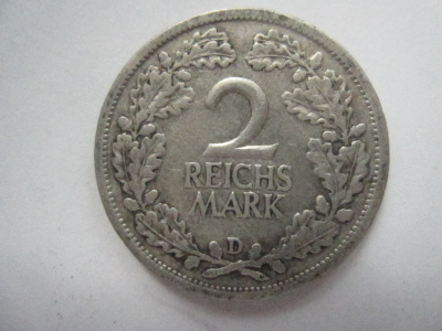 Saksa Weimar 2 mark 1926 D hopeaa