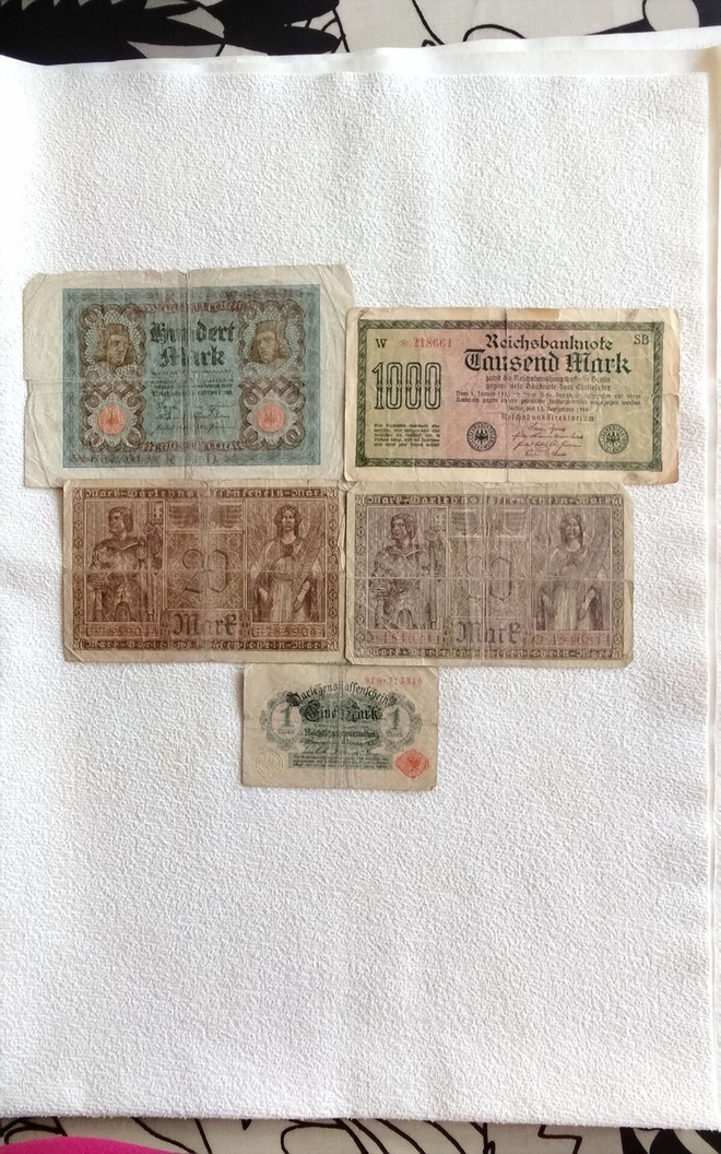 Saksan vanhoja seteleitä 5 kpl. 1914-1922 väliltä
