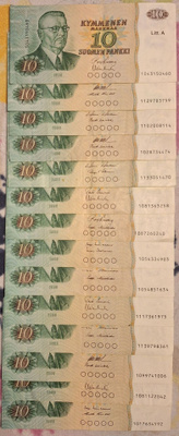 10mk seteleitä. 1980. Litt.A.14kpl.