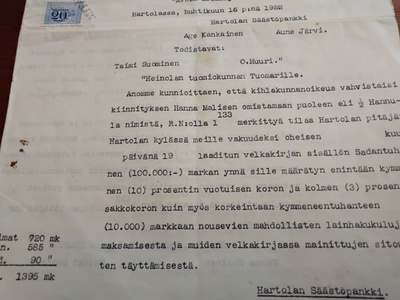 v.1952 Hartola kiinteistön kiinnitysasiakirja Hannula