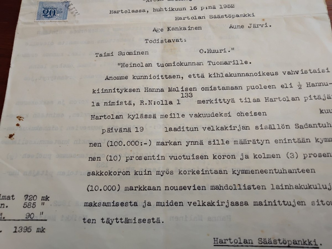 v.1952 Hartola kiinteistön kiinnitysasiakirja Hannula