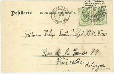 1908 ven. 2 kop pari kortti Belgiaan - tuloleima