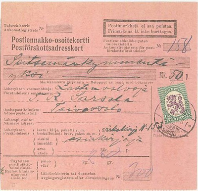 1926 1½nk B hr W1 postiennakko virkakirje