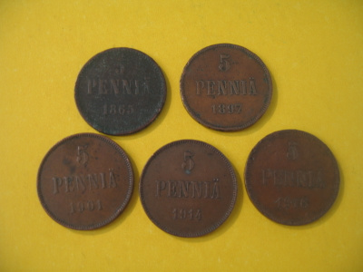 5 kpl 5 penniä - 1865-1916