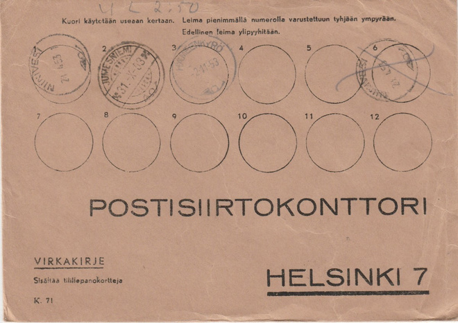 KIRJE, Postin sisäinen postitus 1950 -luvulla, eri postitoim