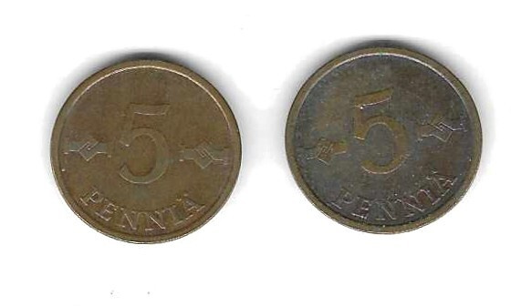 5 PENNIÄ 1970 ja 1974 KOLIKOT KÄYTETTYJÄ