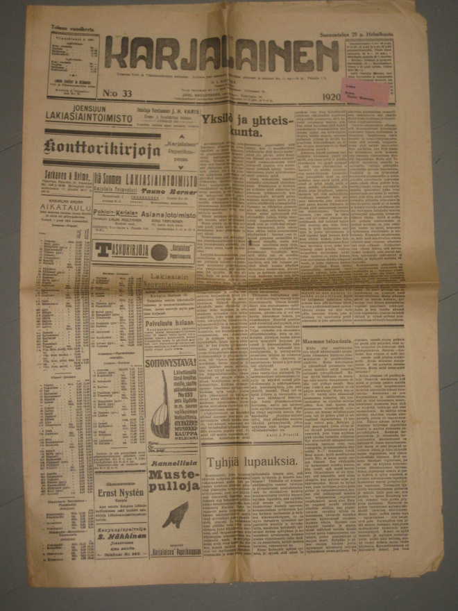 Sanomalehti  Karjalainen 29.2.1920