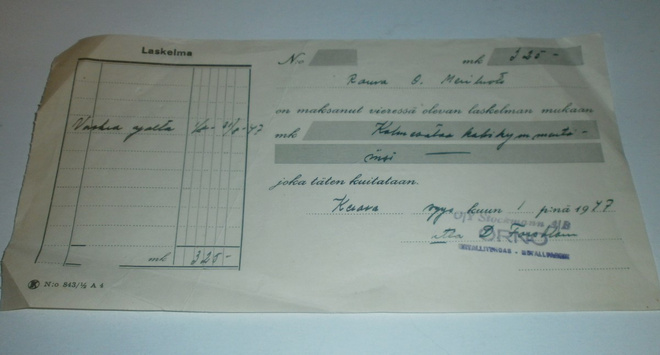 ORNO - kuitti vuokrasta, Kerava 1.9.1947