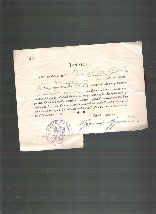Todistus 1928, Sosiaaliministeriö Raittiusosasto.