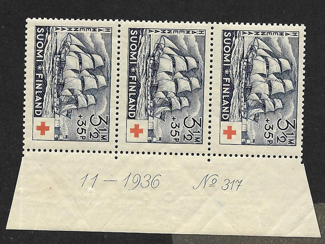 Punainen risti 1937 3,5+0,35 (LAPE 3x201) ** numerorivilö
