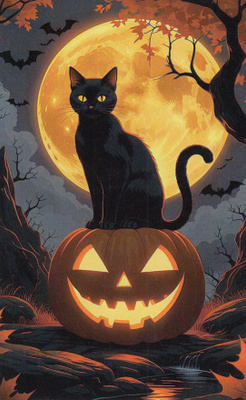 Halloween kissa istuu kurpitsan päällä, suuri täysikuu