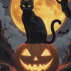 Halloween kissa istuu kurpitsan päällä, suuri täysikuu - pikkukuva 1