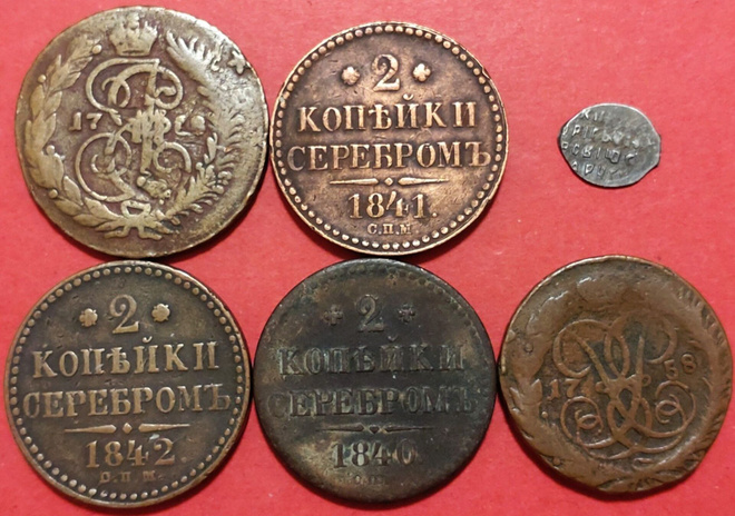Venäjä, 6 rahaa 1758, 1840..... Kunto huono - surkea (KD1)