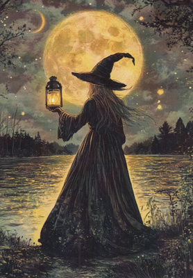 Halloween noita rannalla lyhdyn kanssa