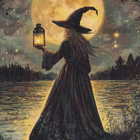 Halloween noita rannalla lyhdyn kanssa - pikkukuva 1