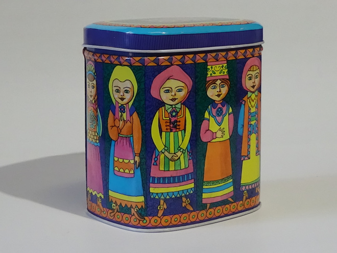 Saranallinen vintage peltirasia - kansallispuvut Ukraina