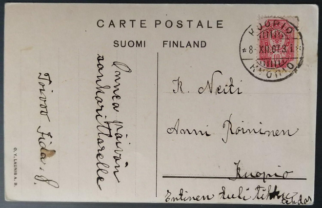 Kotkamallin 10 p:n merkki onnittelukortilla Kuopio 1907