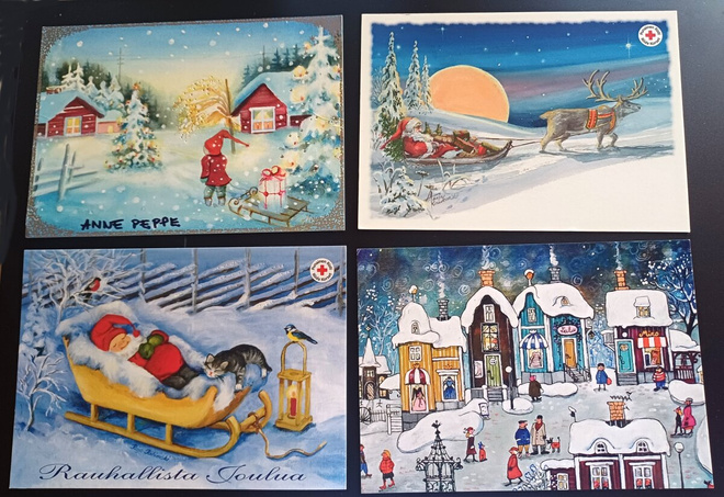 4 kpl postitettuja PMM joulukortteja