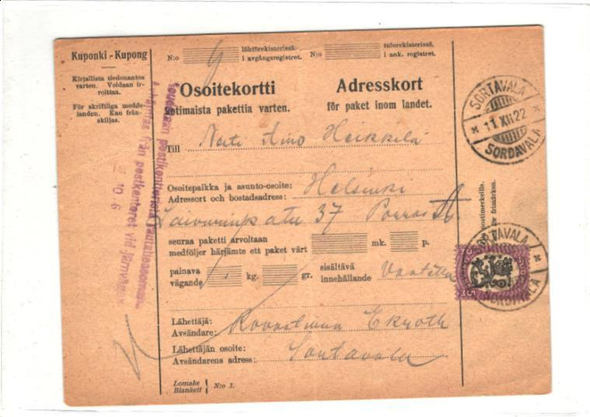 POSTIOSOITEKORTTI SORTAVALA/SORDAVALA