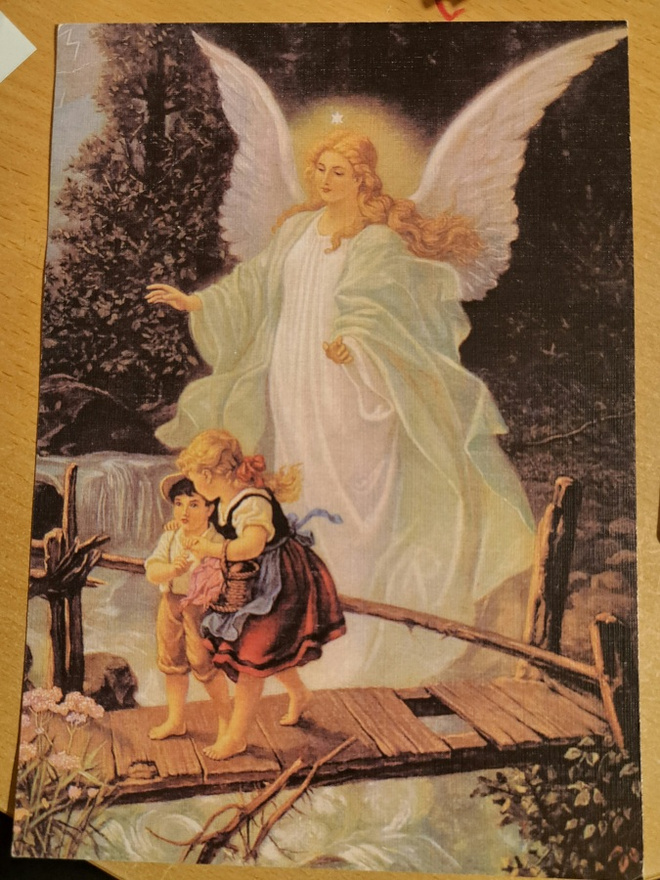 suojelusenkeli nostalgiakortti, kulkenut käsipostissa
