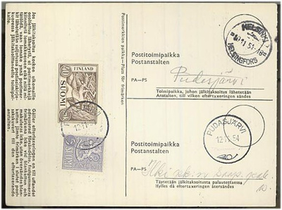 1954 jälkitaksoituskortti PUDASJÄRVI