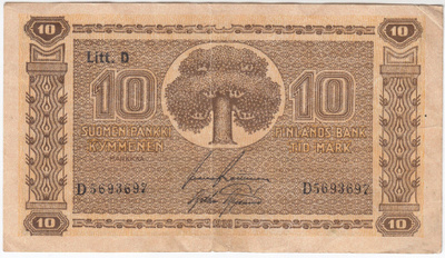 10 Markkaa 1939 Litt.D D-sarjaa, vl.II, kl.4