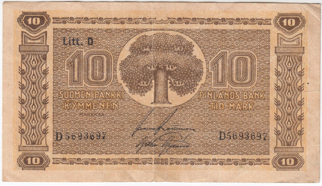 10 Markkaa 1939 Litt.D D-sarjaa, vl.II, kl.4