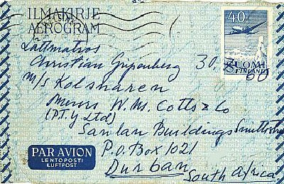 M54 1956 40 (mk) ilmakirje Etelä-Afrikkaan 1960