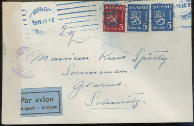 1945 5mk sin.leijona 2 kpl + 3mk l-kirje Sveitsiin 19.11.45