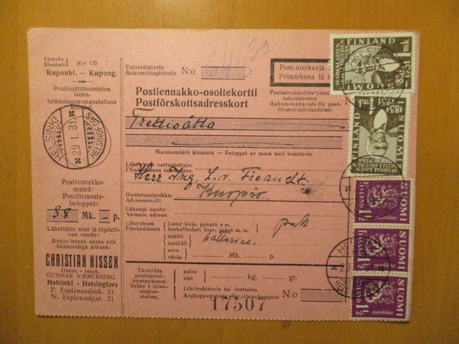 1931 Helsinki Christian Nissen postiennakko Kuopioon
