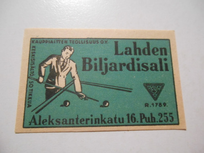 TT Etiketti Lahden Biljardisali R.1789