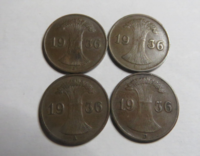Saksa/Weimarin tasavalta 1 pfennig 1936 A, D, F ja J