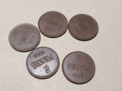 5 penniä Cu 1916 5 kpl