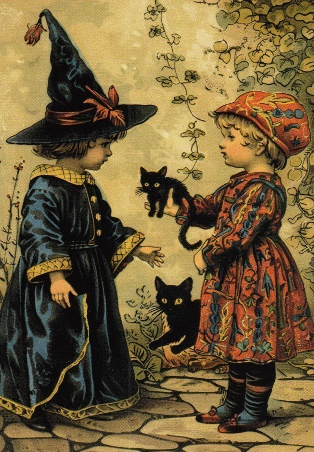 Halloween kaksi lasta, mustat kissanpennut
