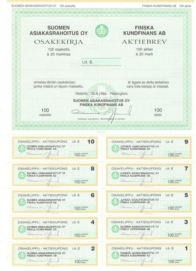 OKK obligatio Suomen Asiakasrahoitus 1994 Litt A 20 os. spec