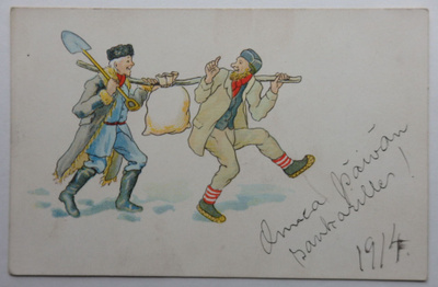 Onkohan varkaita liikkeellä ? postikortti vuodelta 1914