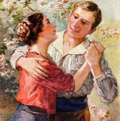 RAKKAUS / Miehen kädet tytön ympärillä, kukkiva puu. 1910-l.
