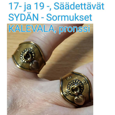 KALEVALA, SYDÄN  -sormuksia, pronssi, kuvassa tiedot