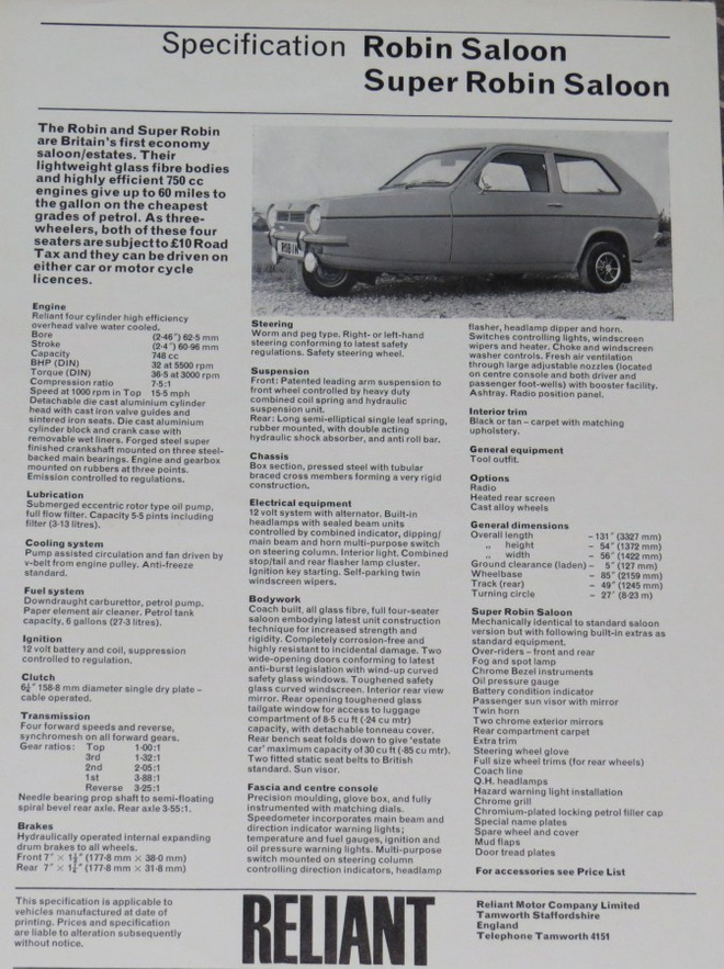 1973 Reliant Robin / Super Robin esite - kolmepyöräinen