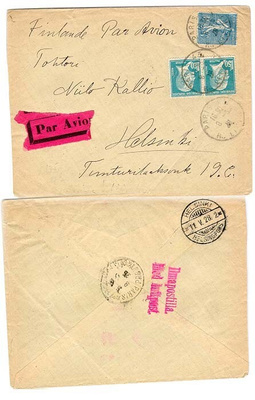 Ranska 1928 lentokirje Suomeen - ILMAPOSTILLA pun.leima